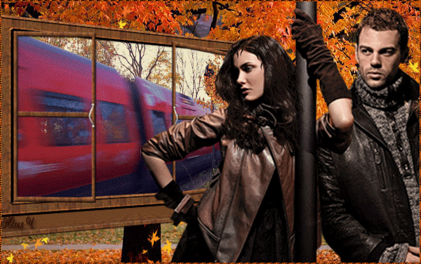 Jadący pociąg i para jesienią